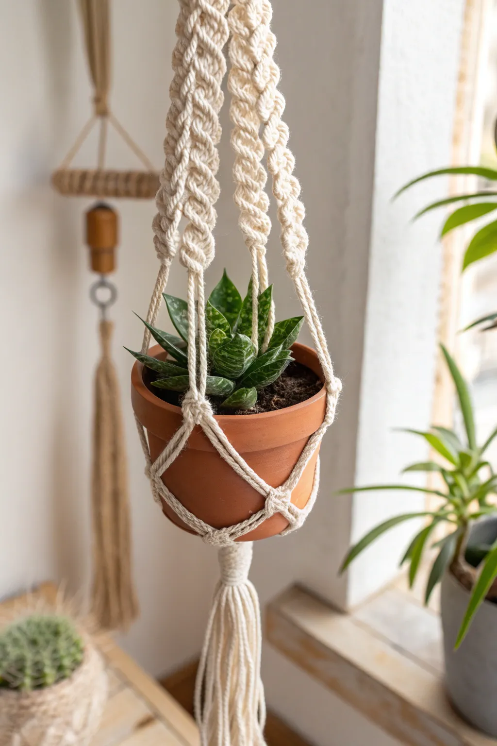 Elevate your space with charming miniature macrame hangers, perfect for adding a touch of greenery to any nook.