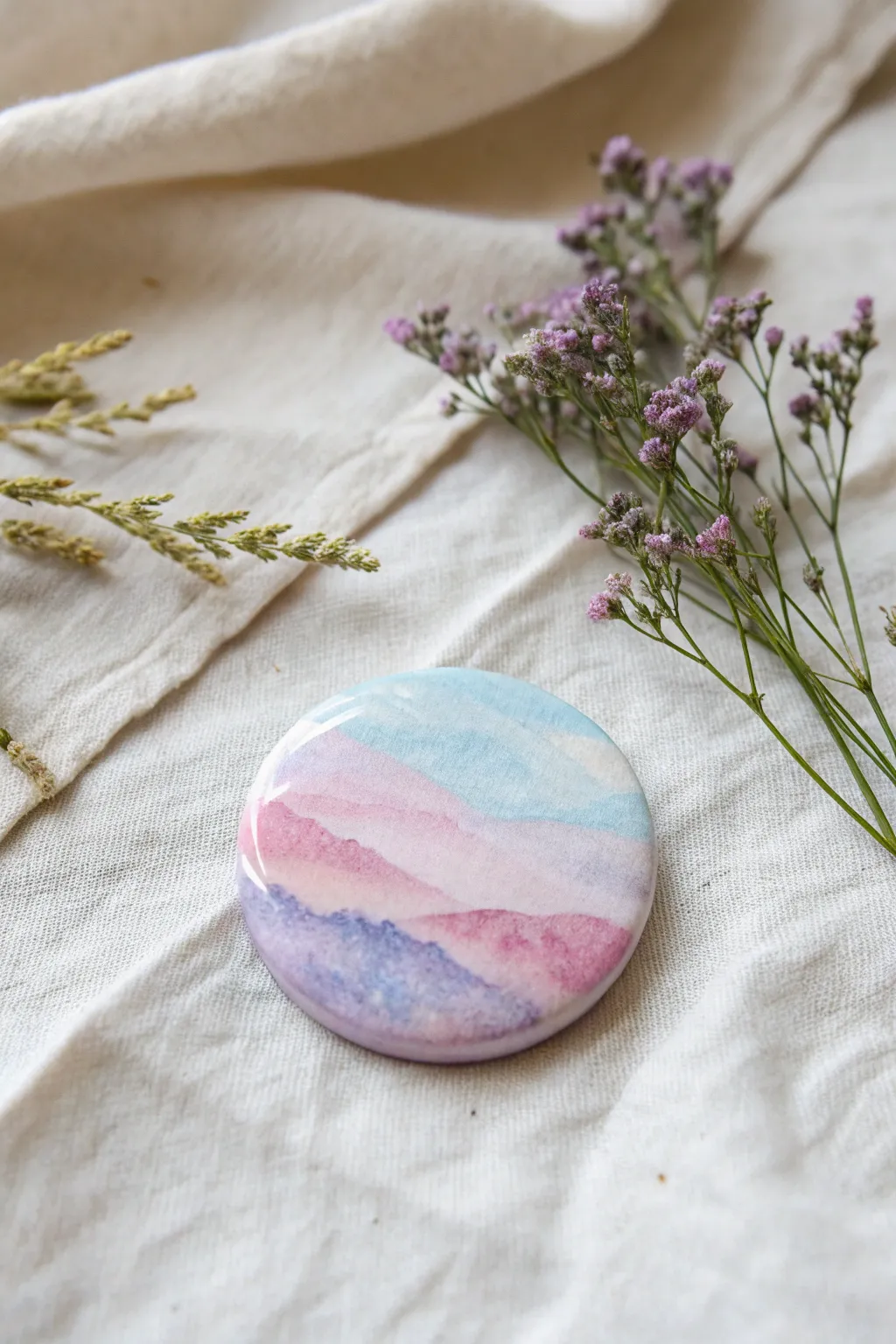 Embrace the calming elegance of watercolor art with this beautifully crafted ceramic magnet.