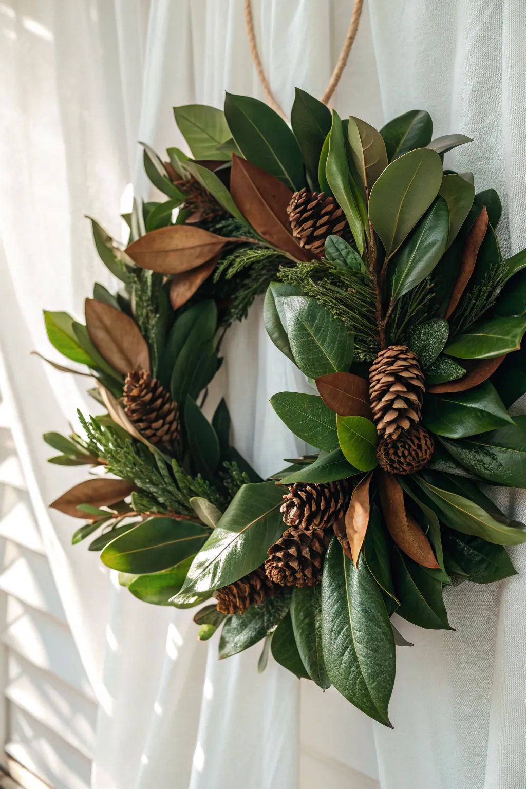 Embrace nature's whimsy with a pinecone-accented magnolia wreath, perfect for a minimalist boho touch.