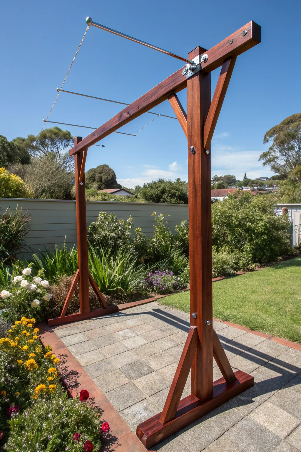 Elevate your outdoor experience with this expertly crafted portable T-frame clothesline, designed for both style and functionality.