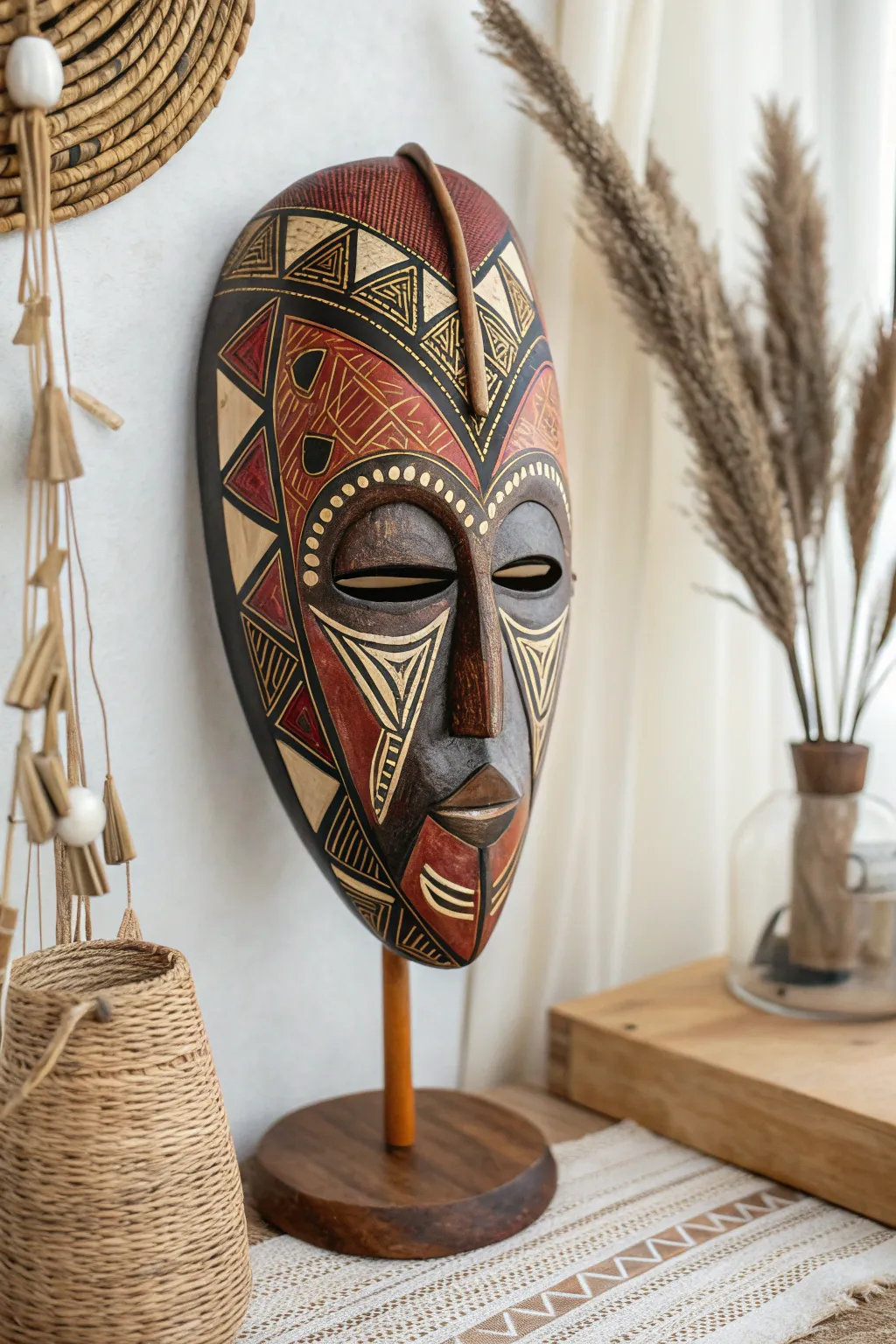 Embrace the allure of cultural craftsmanship with this stunning tribal-inspired mask, where bold patterns meet earthy elegance.