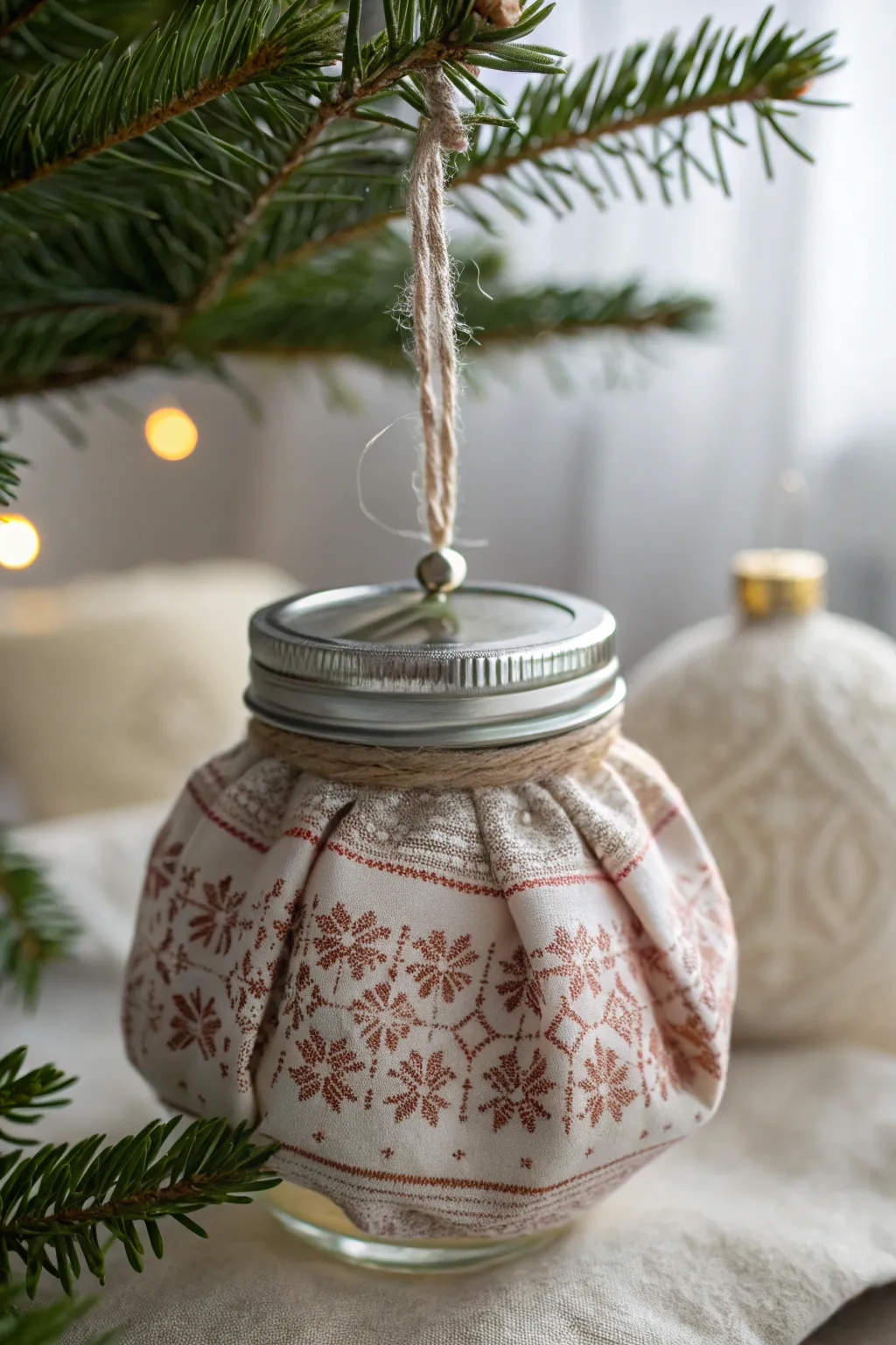 Transform your holiday decor with this charming fabric-lid mason jar ornament, blending simplicity and elegance.