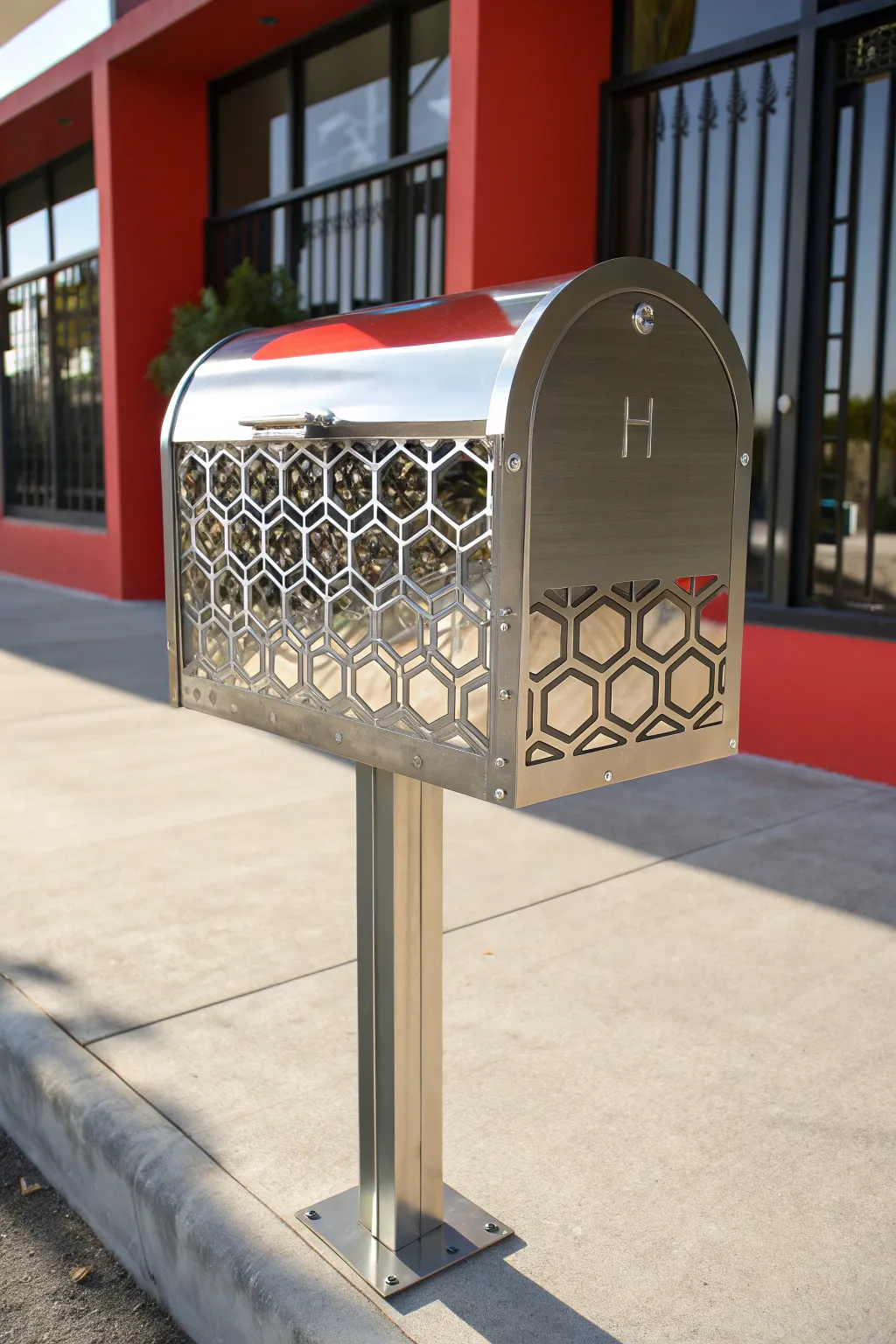 Elevate your curb appeal with a striking geometric mailbox post design.