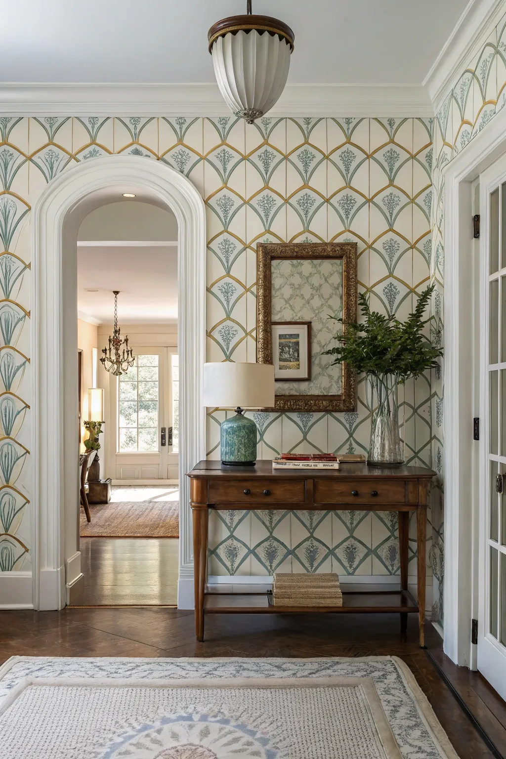 Entryway with stylish wallpaper and vintage console table.