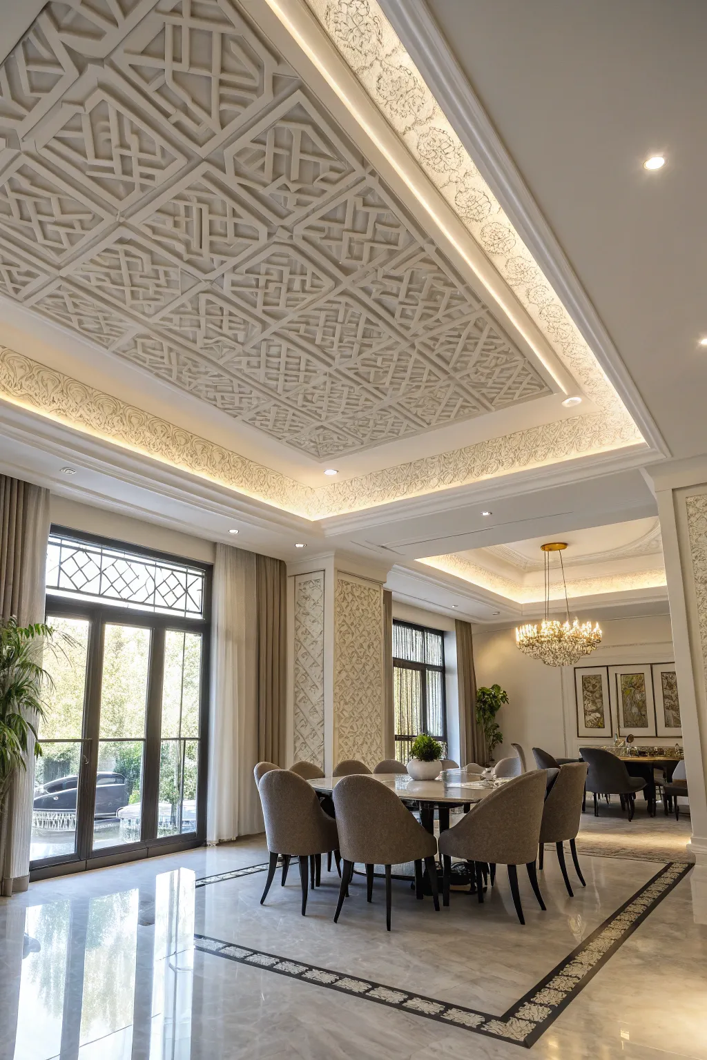 Geometric crown molding adding a modern edge to a dining room.