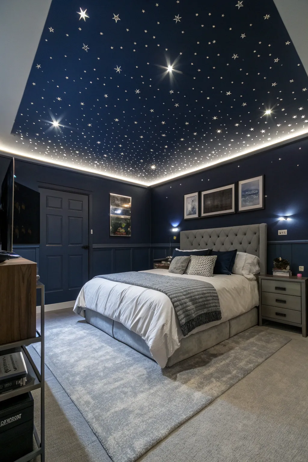 Drift into a galaxy of dreams with a captivating starry ceiling.