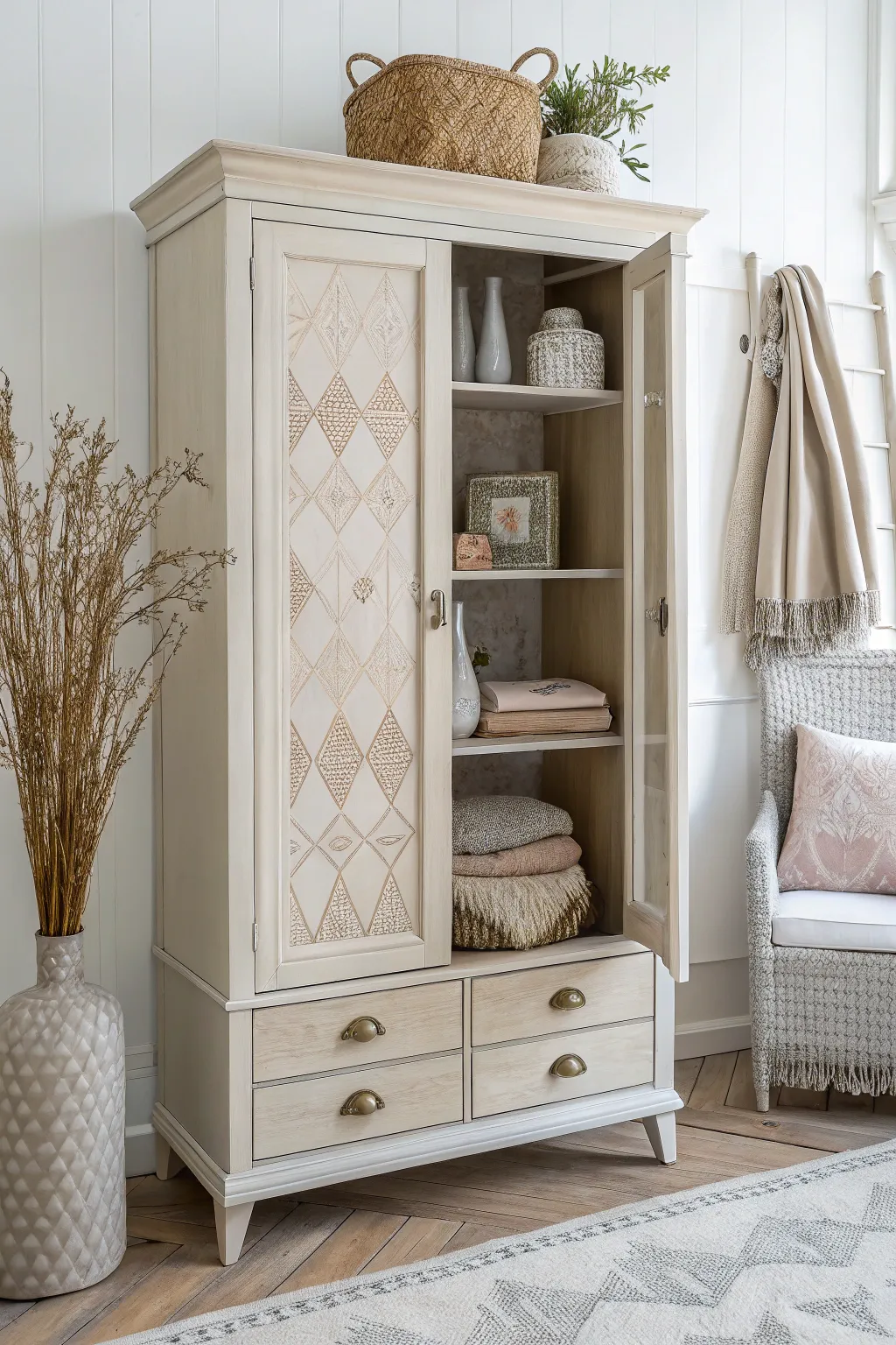 A neutral palette offering a timeless style on an armoire.