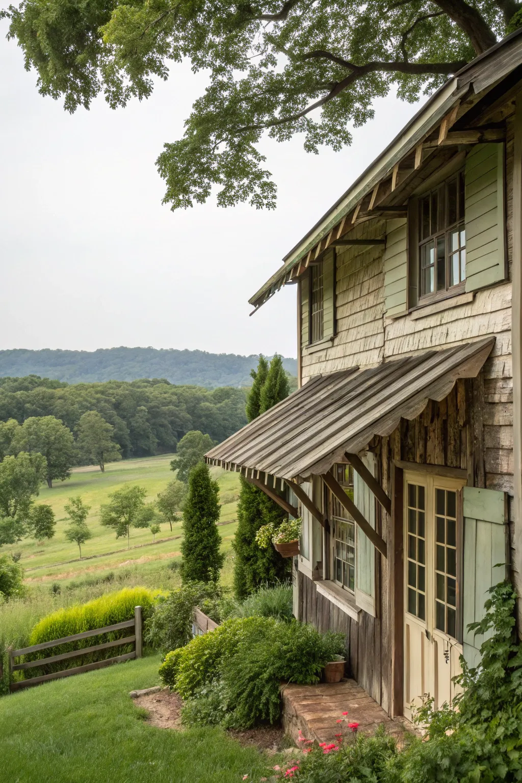Cedar wood awnings add rustic charm to this picturesque farmhouse.