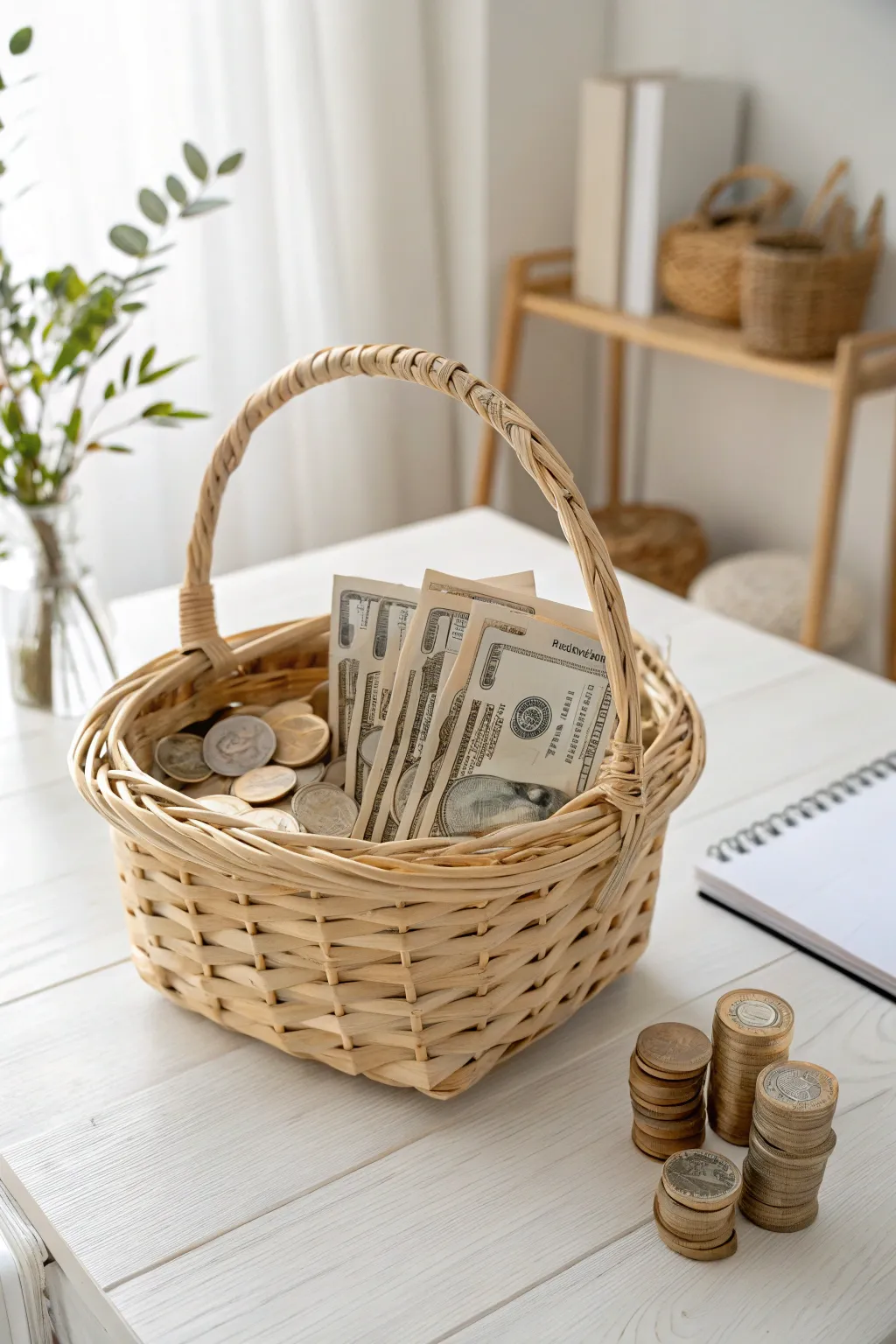 Embrace the art of simplicity with a monochromatic money basket display.