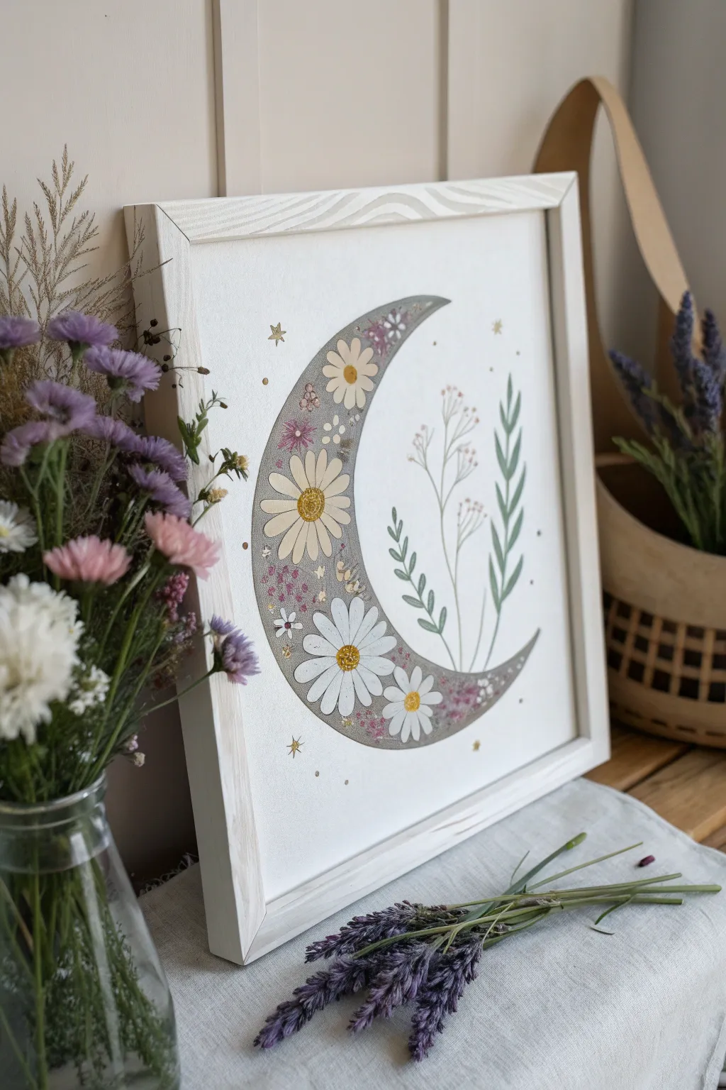 Embrace the serene elegance of a moon kissed by nature's floral touch. 🌙🌸 #ScandinavianMinimalism #BohoChic #MoonMagic