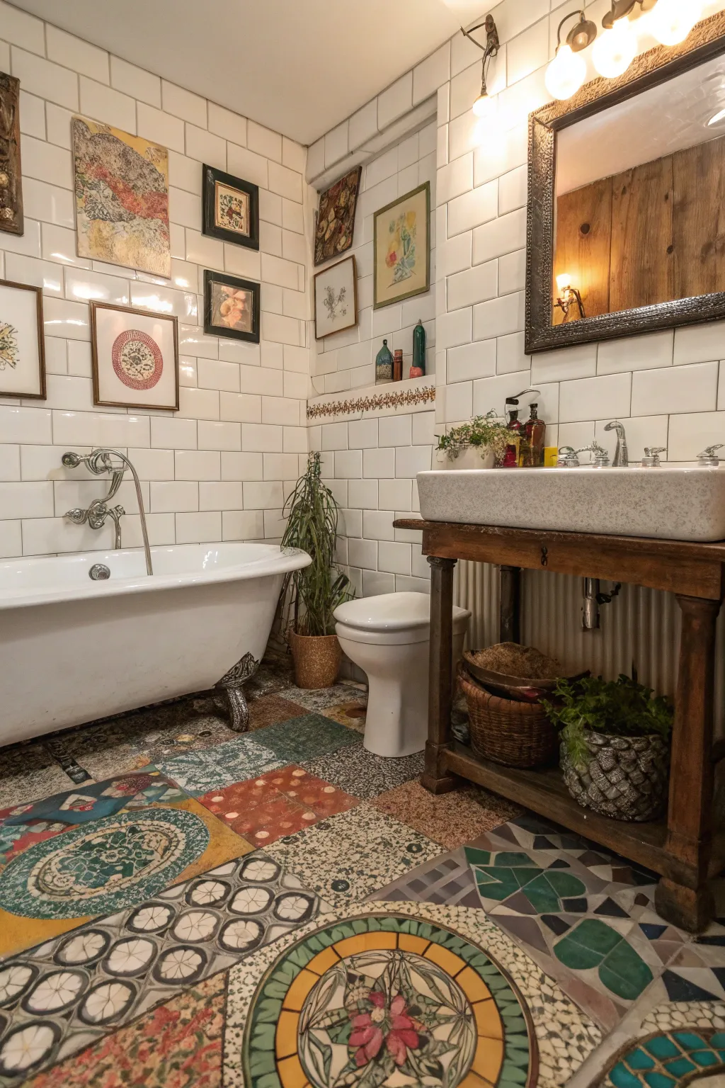 Different tile sizes create a dynamic and engaging floor composition.