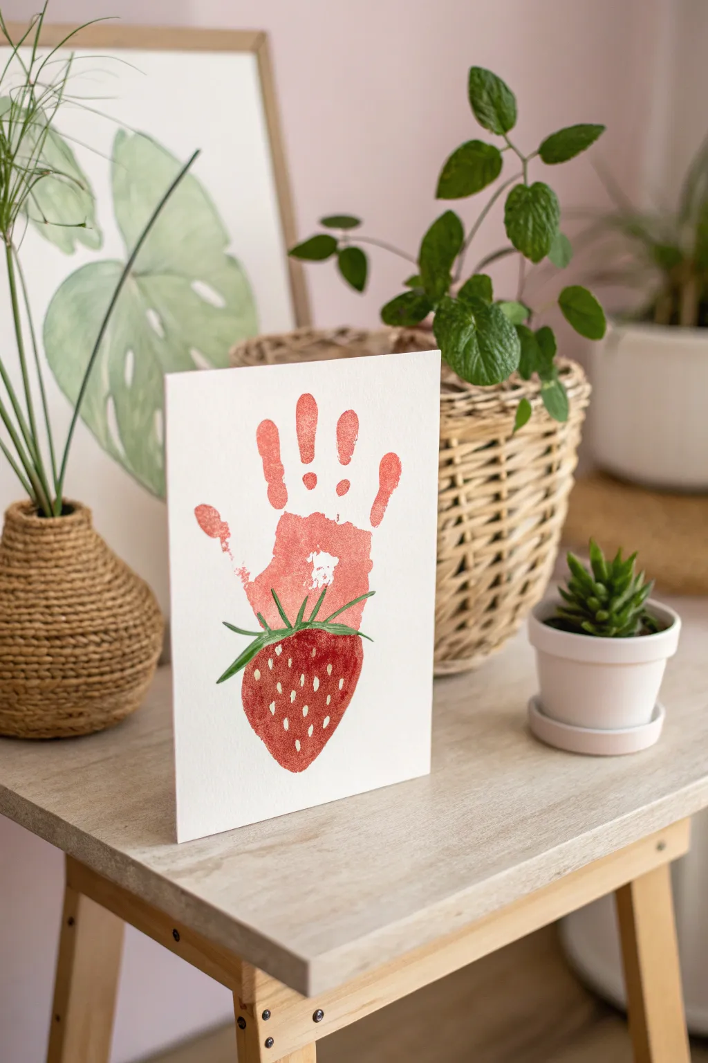 A heartwarming handprint strawberry card, perfect for Mother's Day, celebrating simplicity and natural beauty.