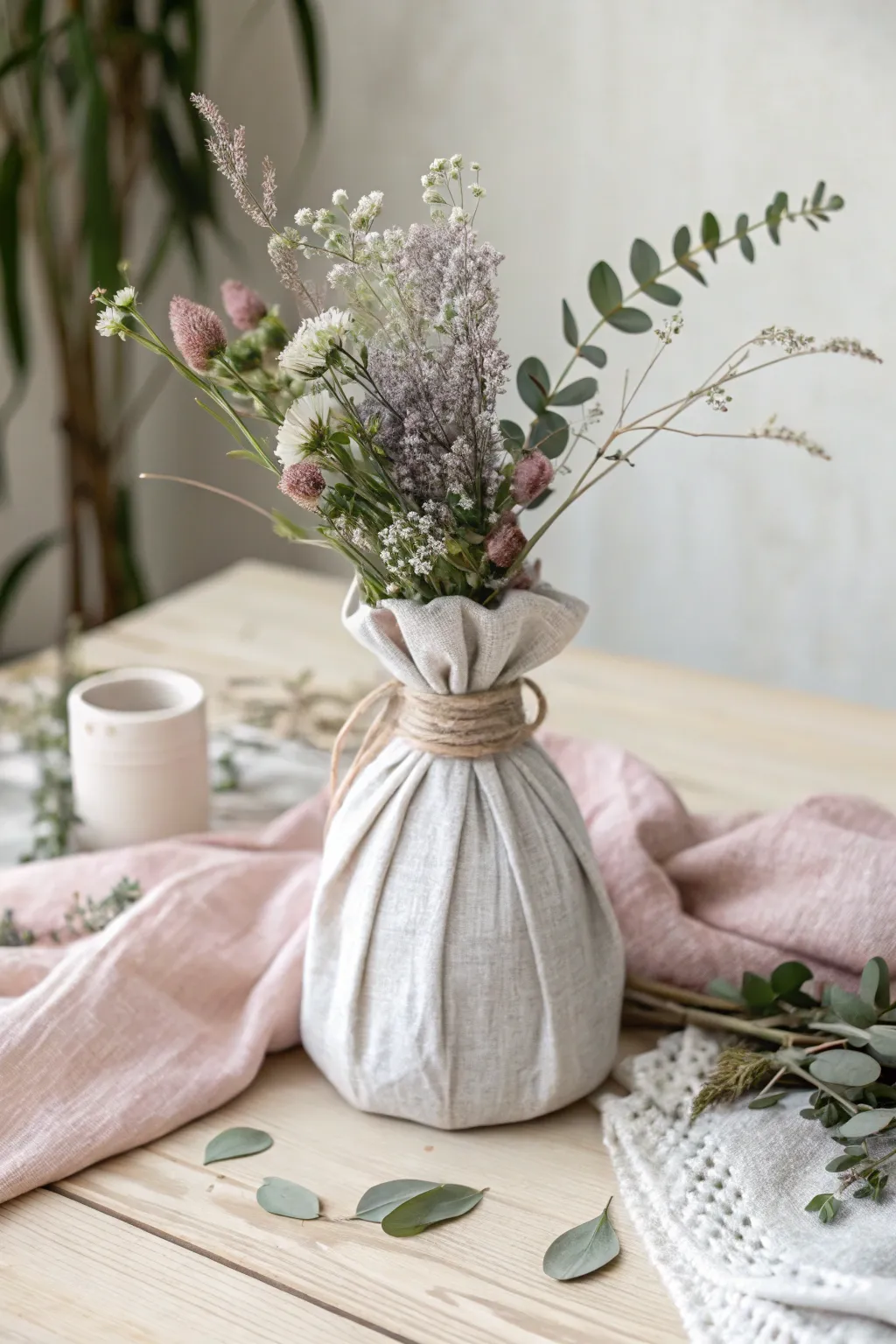 Elevate your Mother's Day gift with a fabric-wrapped vase, blending simplicity and warmth for a personalized touch.