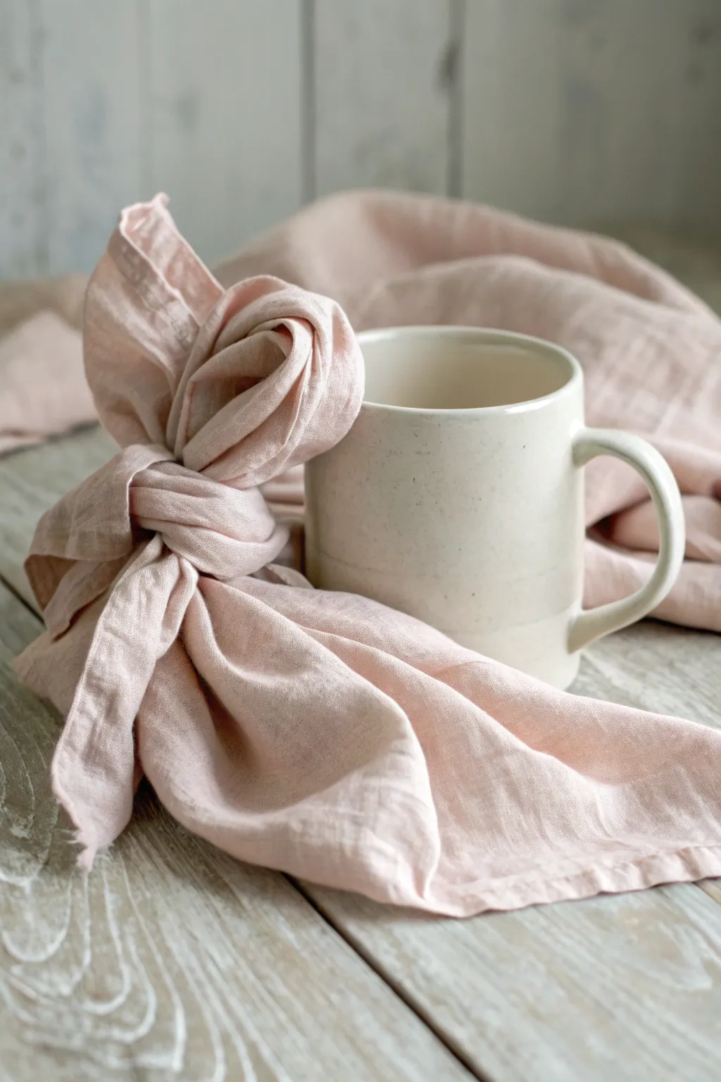 Embrace sustainable gifting with a touch of elegance: beautifully wrapped mug in soft linen.