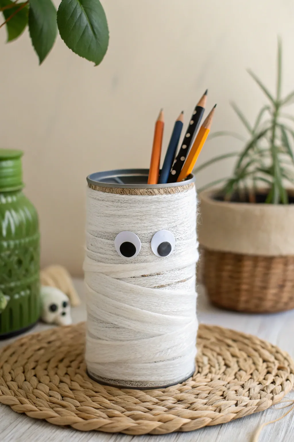 Add a touch of whimsical charm to your desk with this DIY mummy pencil holder, a perfect blend of minimalism and creativity!