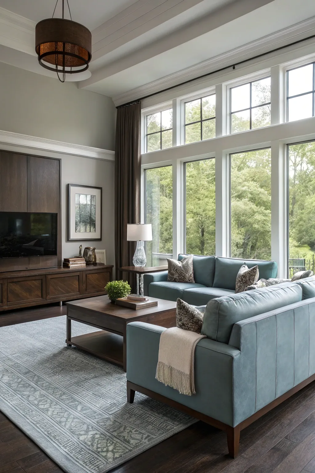 Slate blue and espresso brown create a minimalist and warm living room.