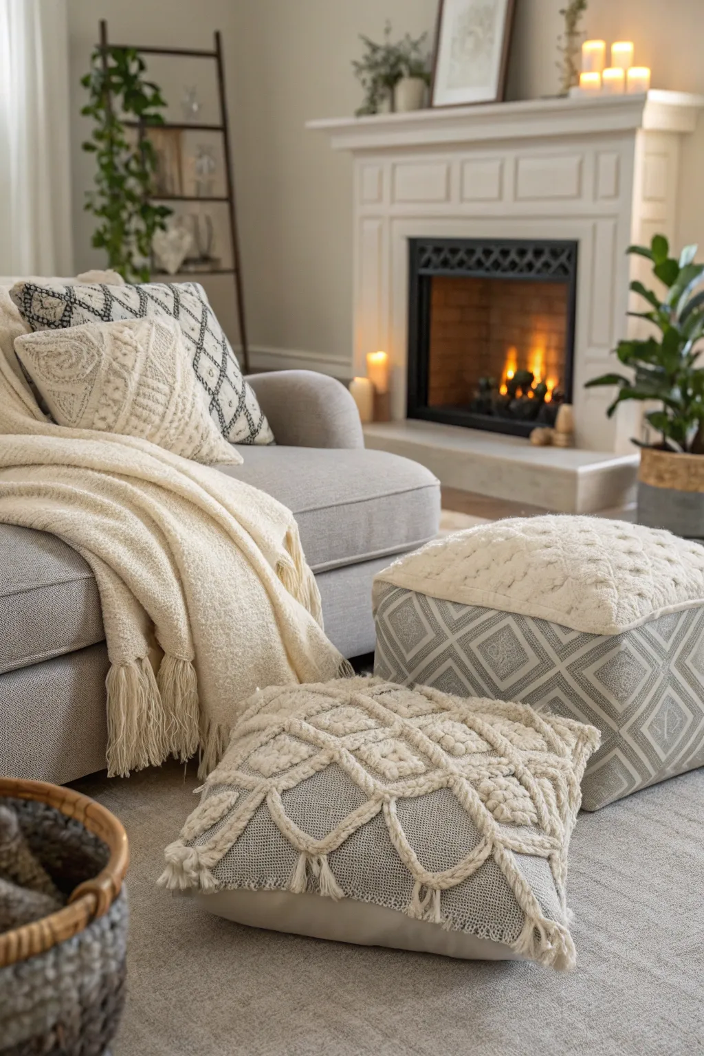 Textured fabrics add depth and warmth to a neutral living room.