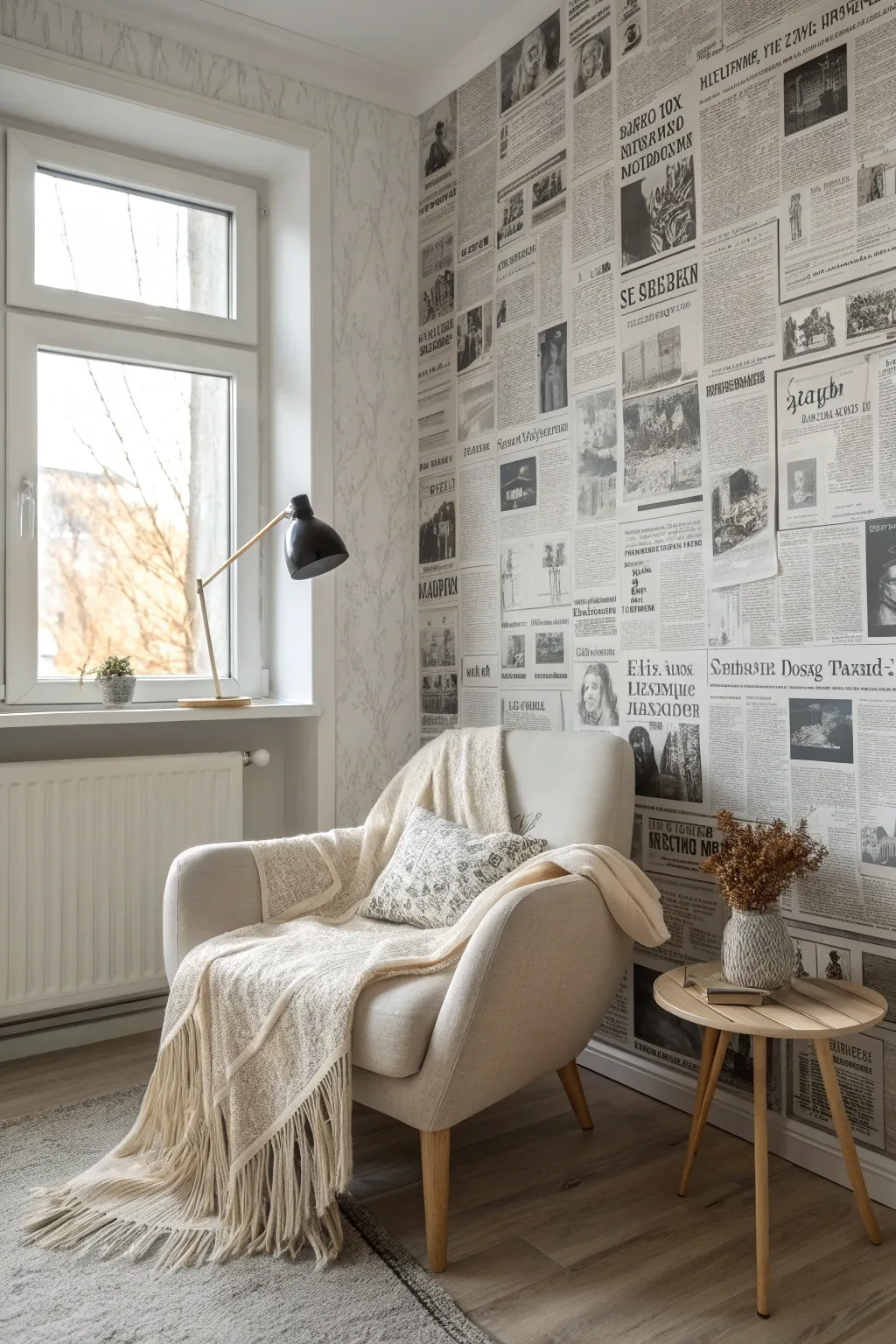 Transform your space with newspaper wallpaper for a unique and artistic accent wall that exudes minimalist charm.