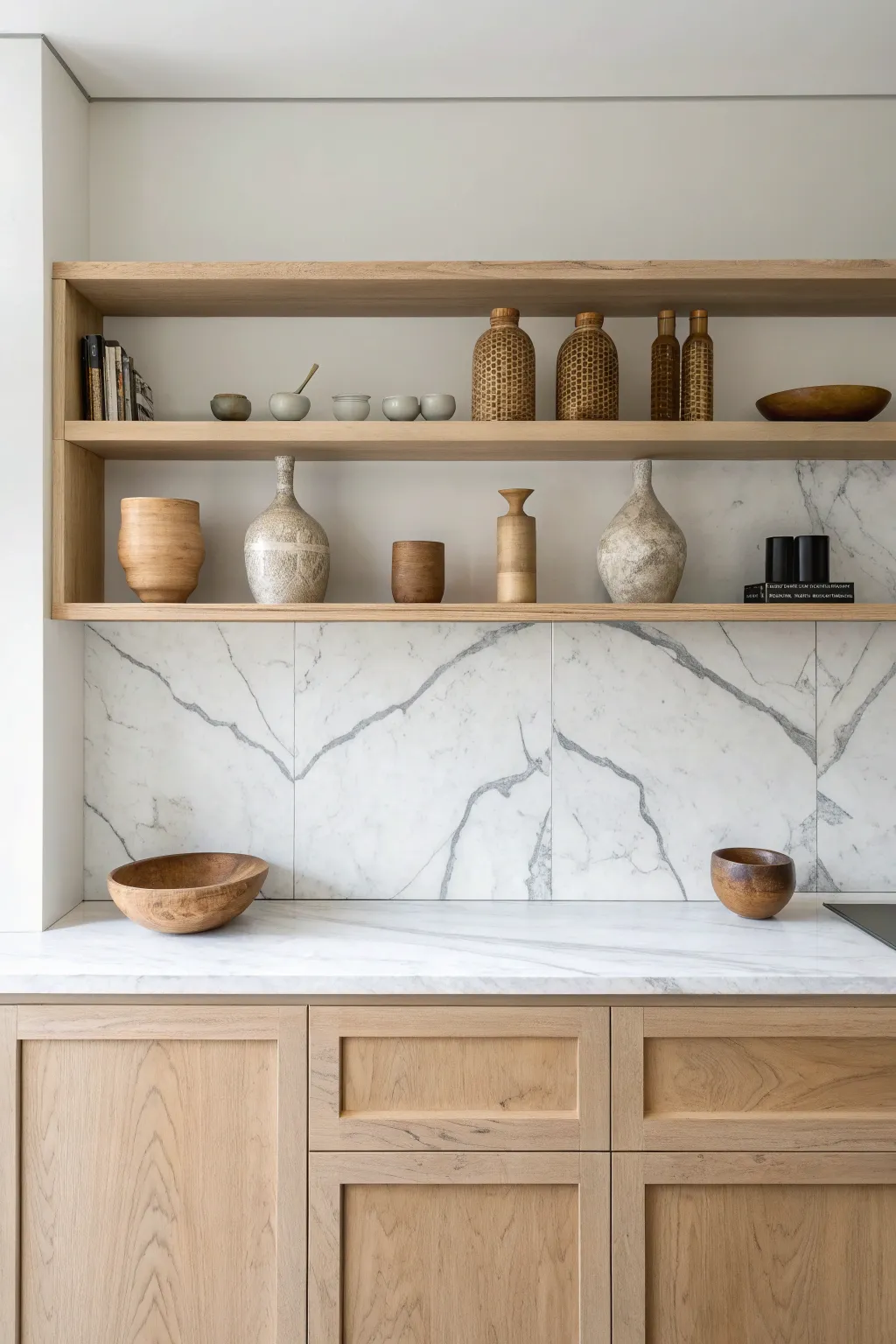 Elevate your kitchen space with a seamless backsplash and open shelving for a blend of function and flair.