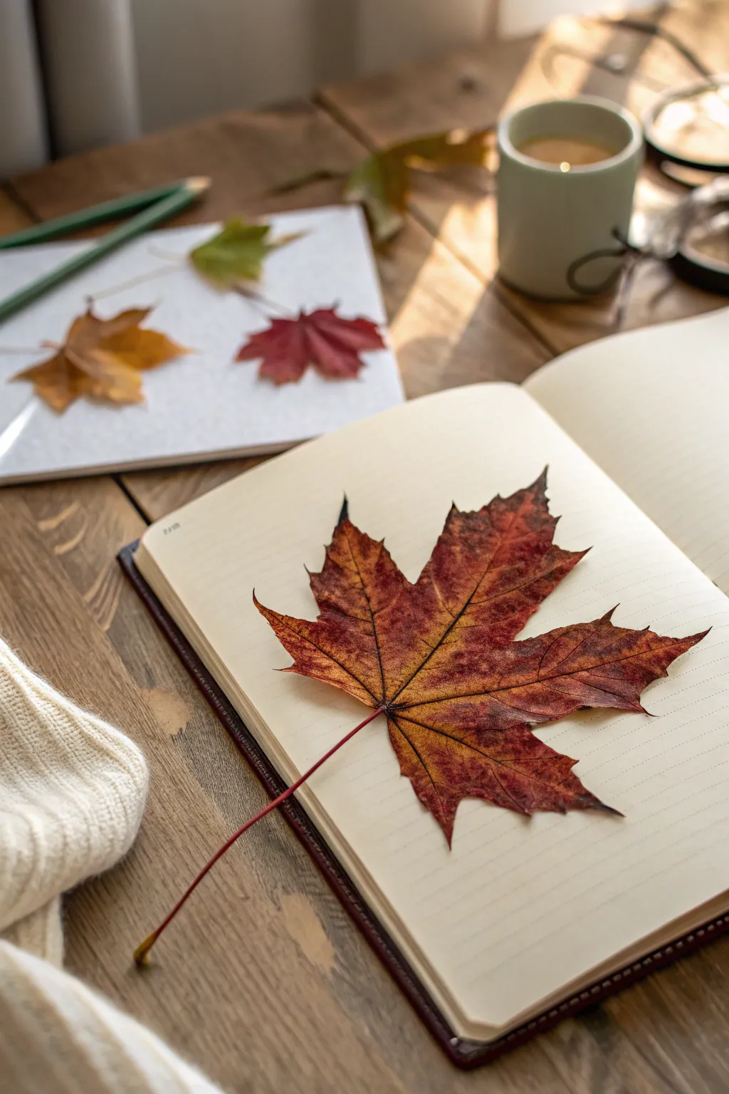 Capture the essence of autumn in your journal with a pressed maple leaf - a perfect blend of nature and simplicity.