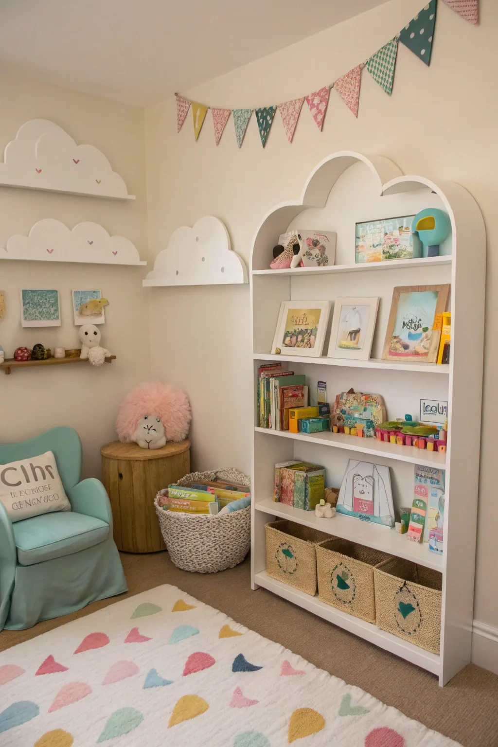 Cloud-shaped shelves add whimsy to a nursery setup.