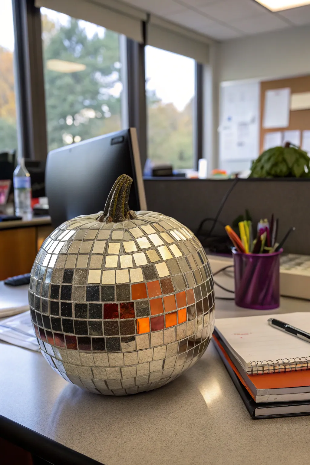 A funky disco ball pumpkin, bringing a touch of the dance floor to the office.
