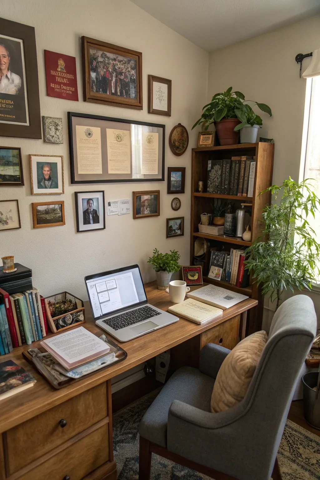 A home office with personal memorabilia and family photos.