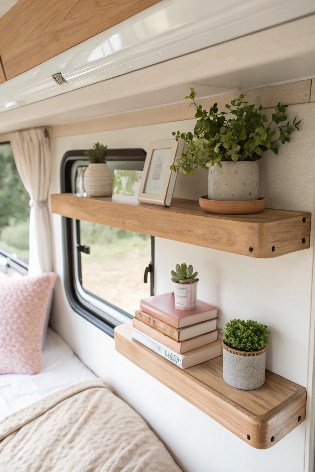 Elevate your camper space with chic floating shelves for a touch of boho elegance.