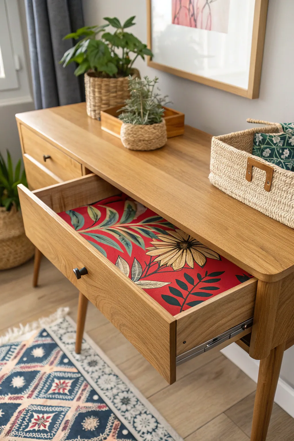 Discover the joy of hidden beauty with bold wallpaper-lined drawers in your vintage desk makeover.