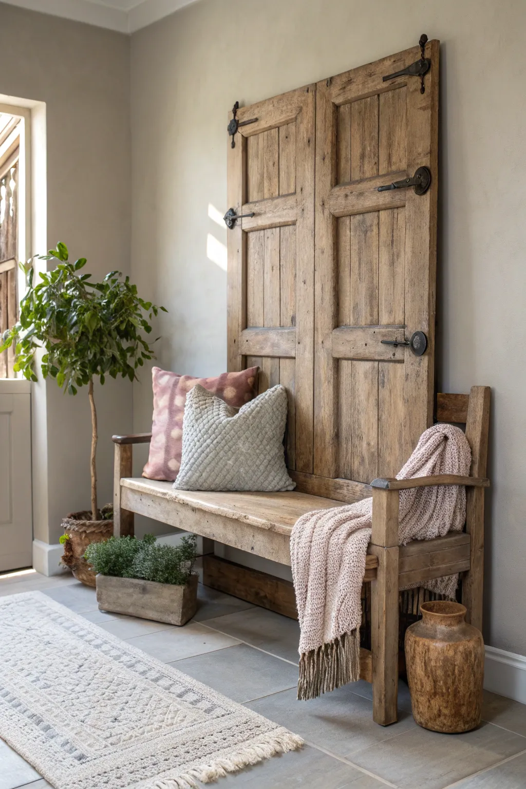Transform rustic charm into functional beauty with this cozy bench crafted from an old door, perfect for your minimalist entryway.