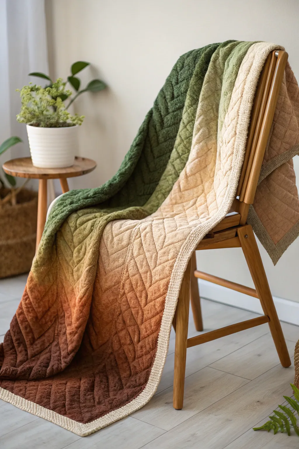 Embrace serenity with an ombre quilt inspired by nature's palette, where earthy browns meet leafy greens.