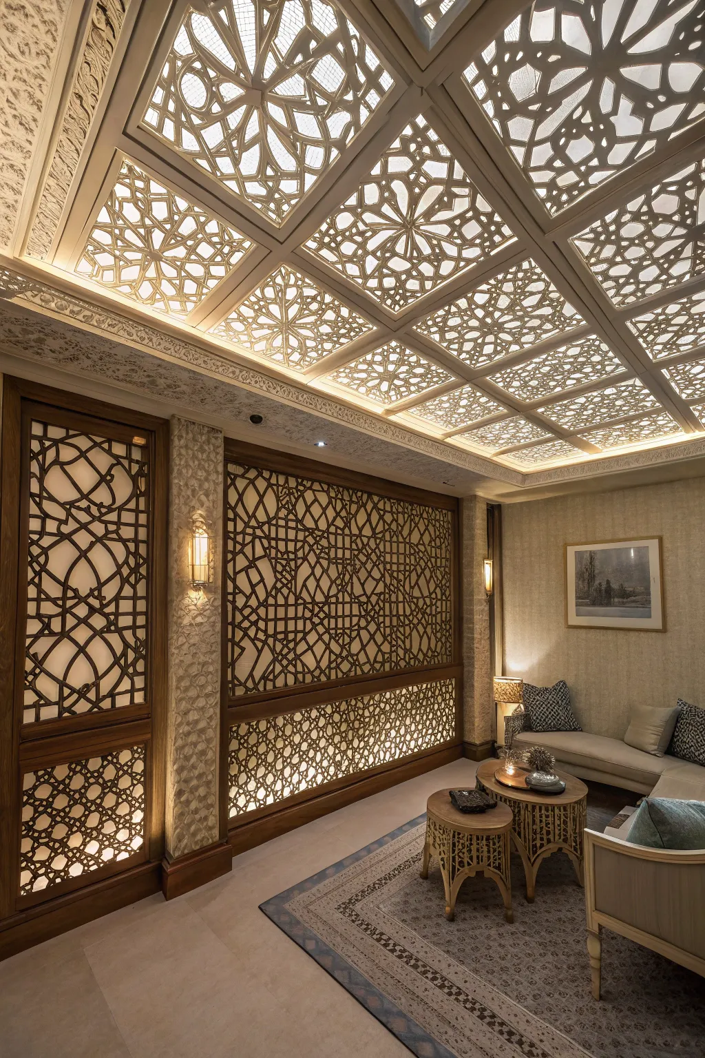 Latticework patterns add an artistic touch to this open-ceiling room.