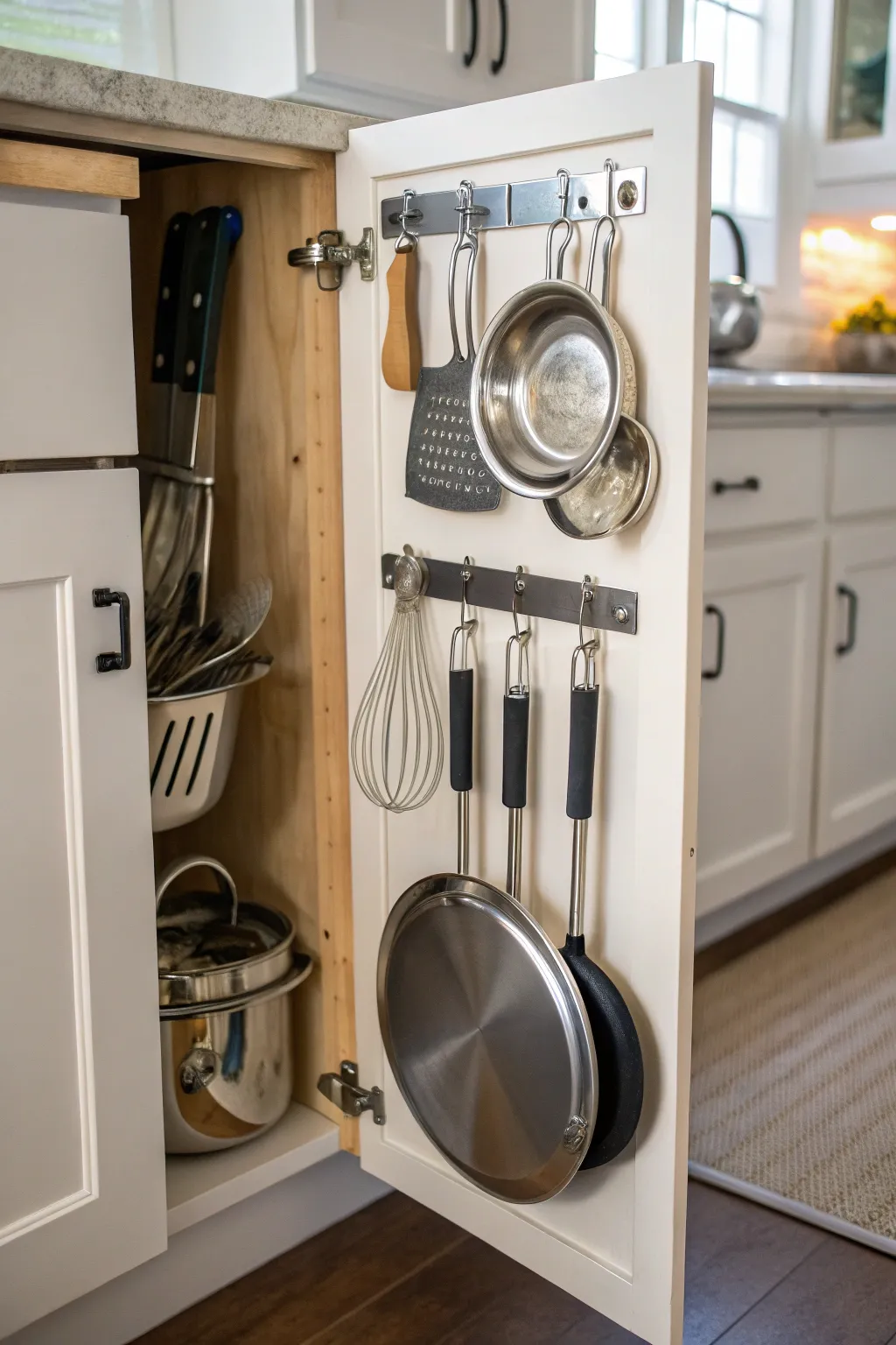 Innovative use of hooks for extra kitchen storage