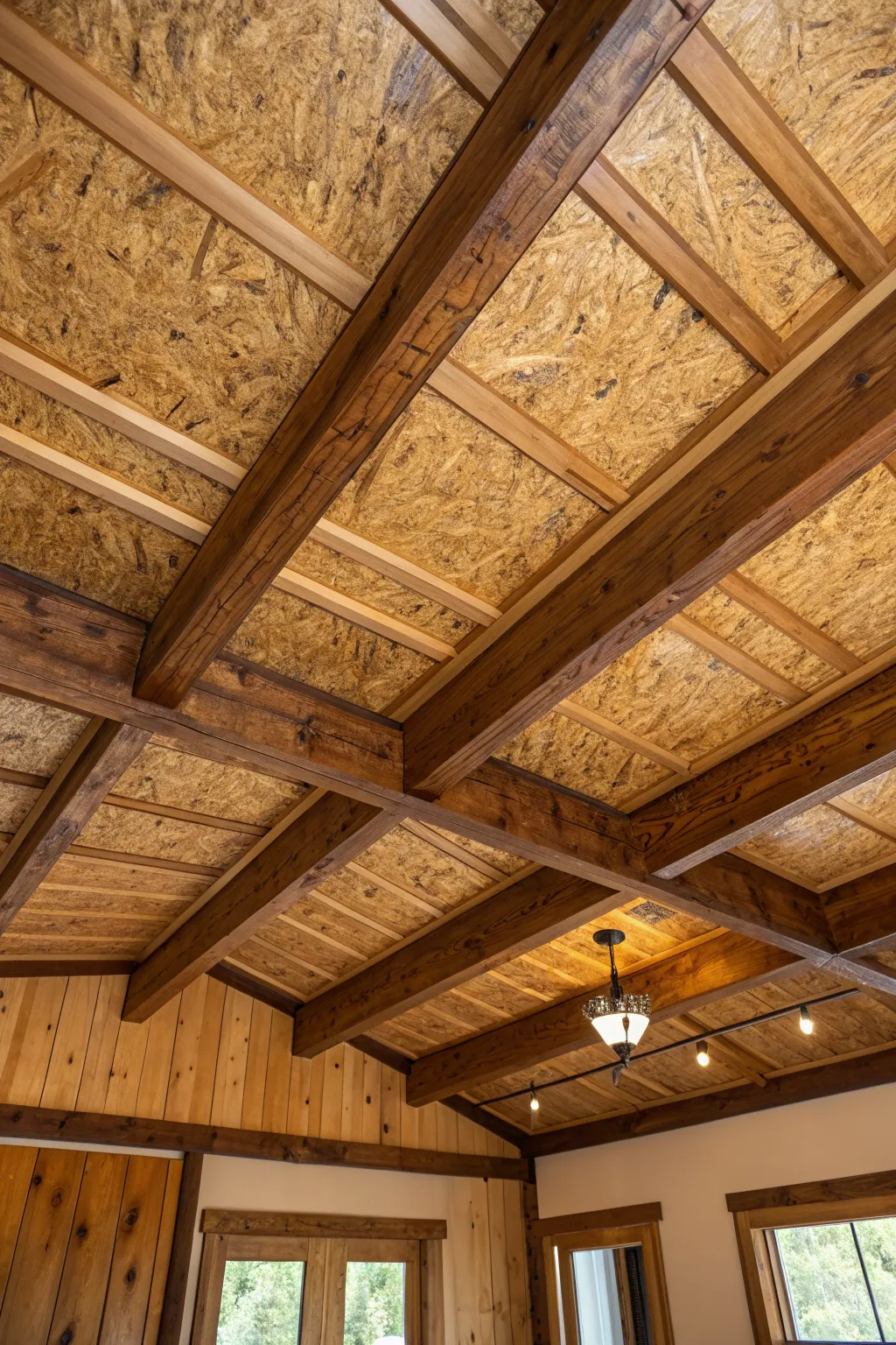 Transform your space into a rustic retreat with the timeless charm of OSB ceilings paired with rich wooden accents.