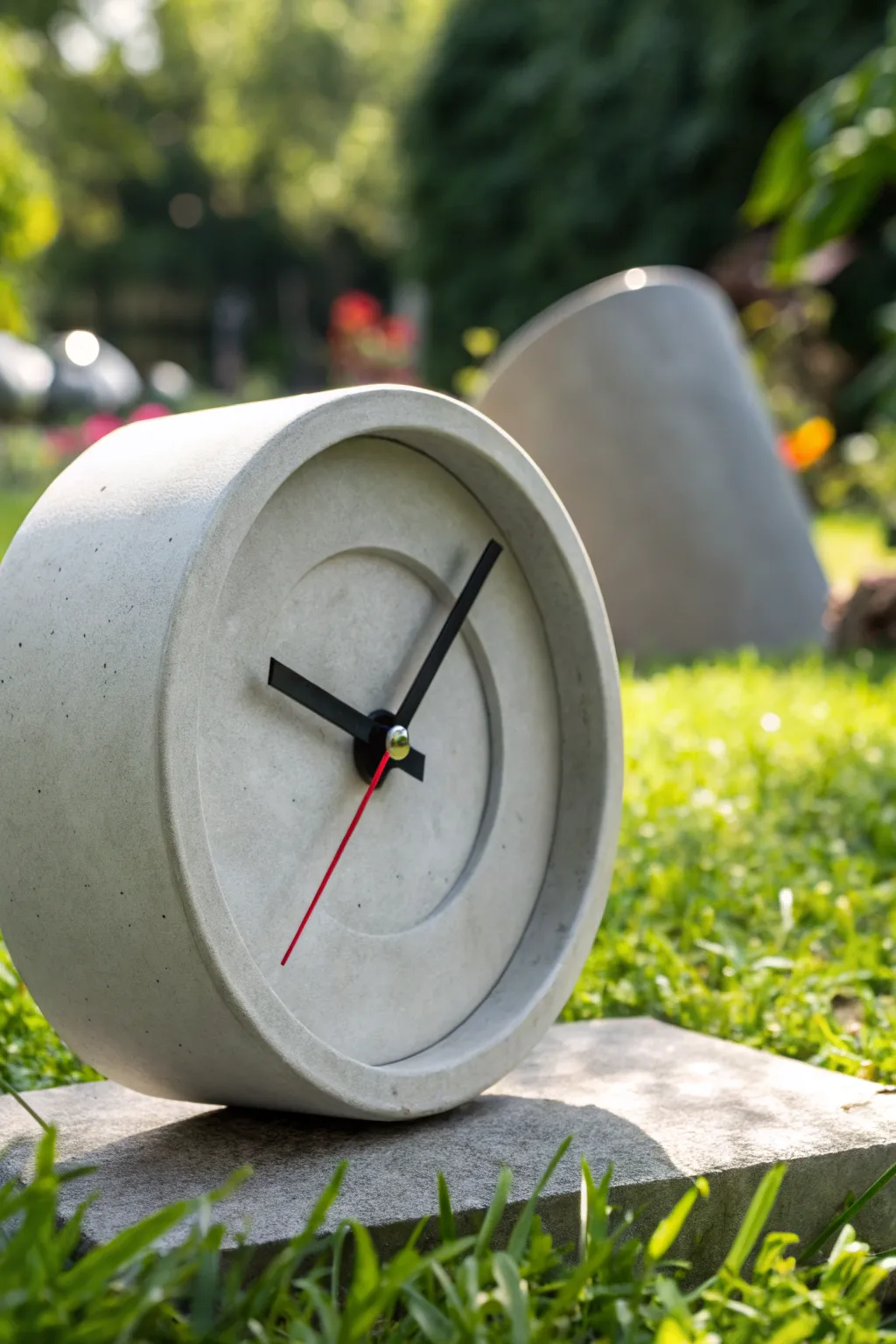 Timeless elegance: A modern cement clock for your garden oasis.