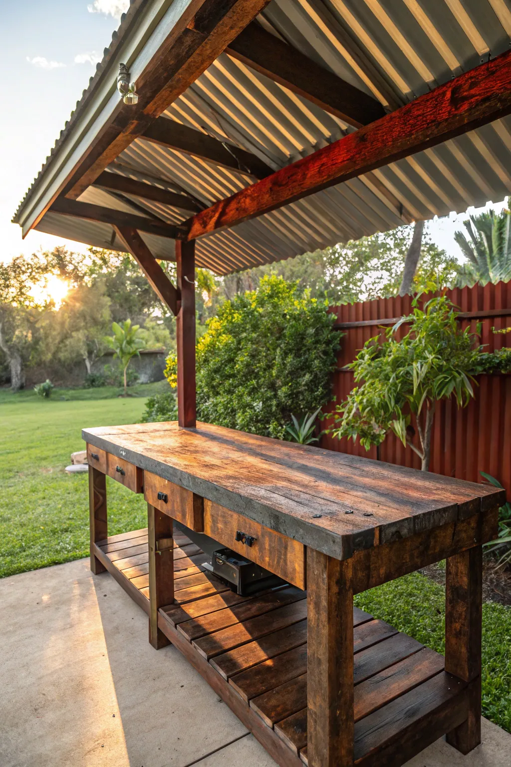 Embrace rugged elegance with a corrugated metal roof for your outdoor workbench, where craftsmanship meets industrial charm.