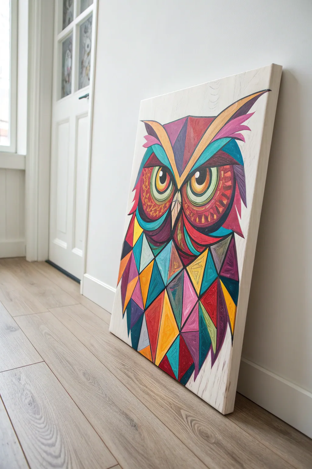 Embrace the essence of creativity with an abstract owl painting that speaks volumes in vibrant colors and shapes.