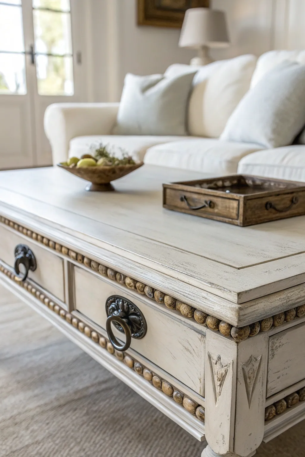 Transform your coffee table with elegant vintage hardware for a touch of boho charm in a minimalist setting.