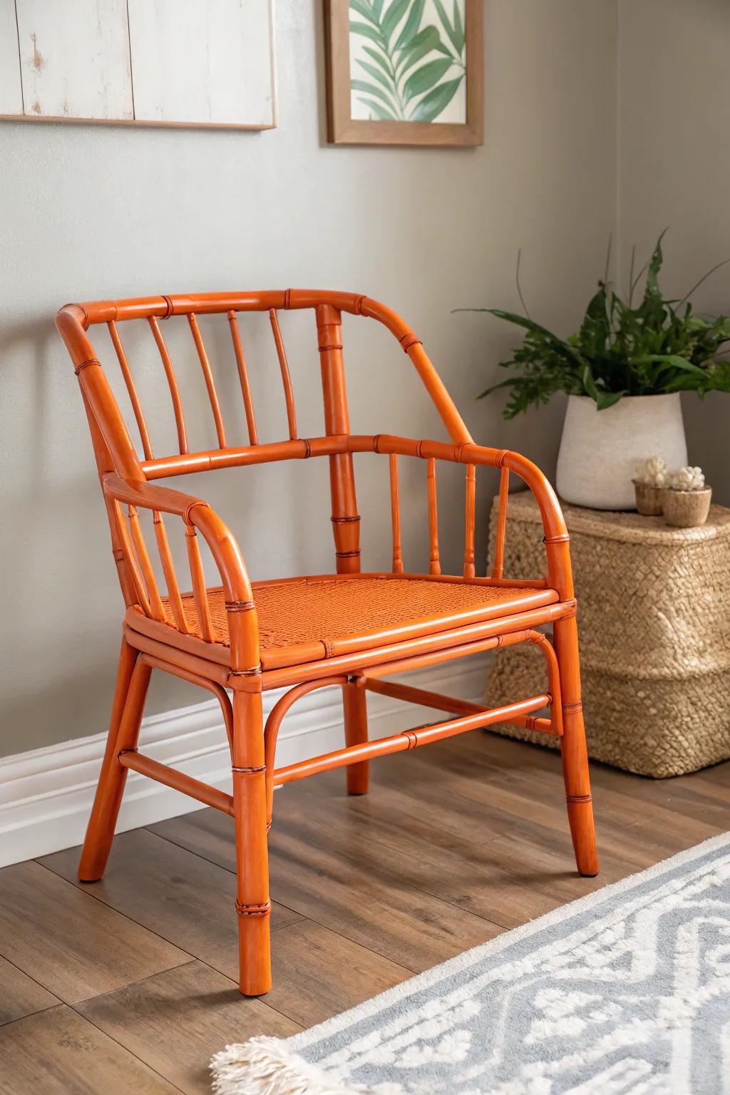 Brighten your space with a splash of vibrant orange in this beautifully crafted bamboo chair.