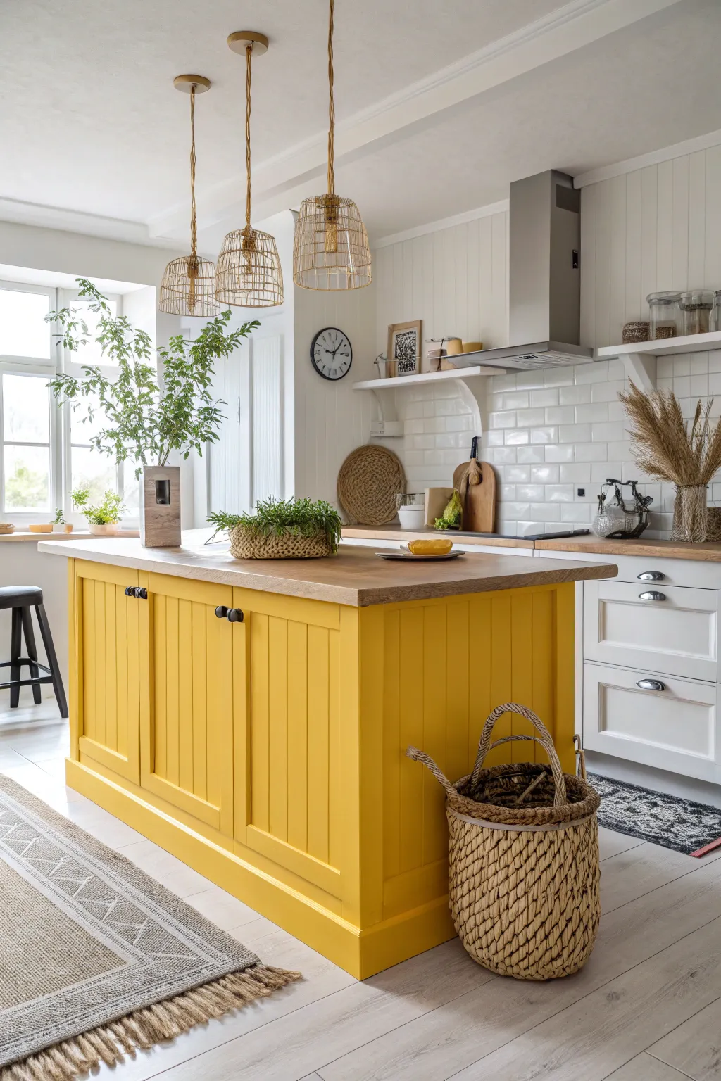 Transform your kitchen with a bold pop of color; this vibrant yellow island is the heart of minimalist elegance.
