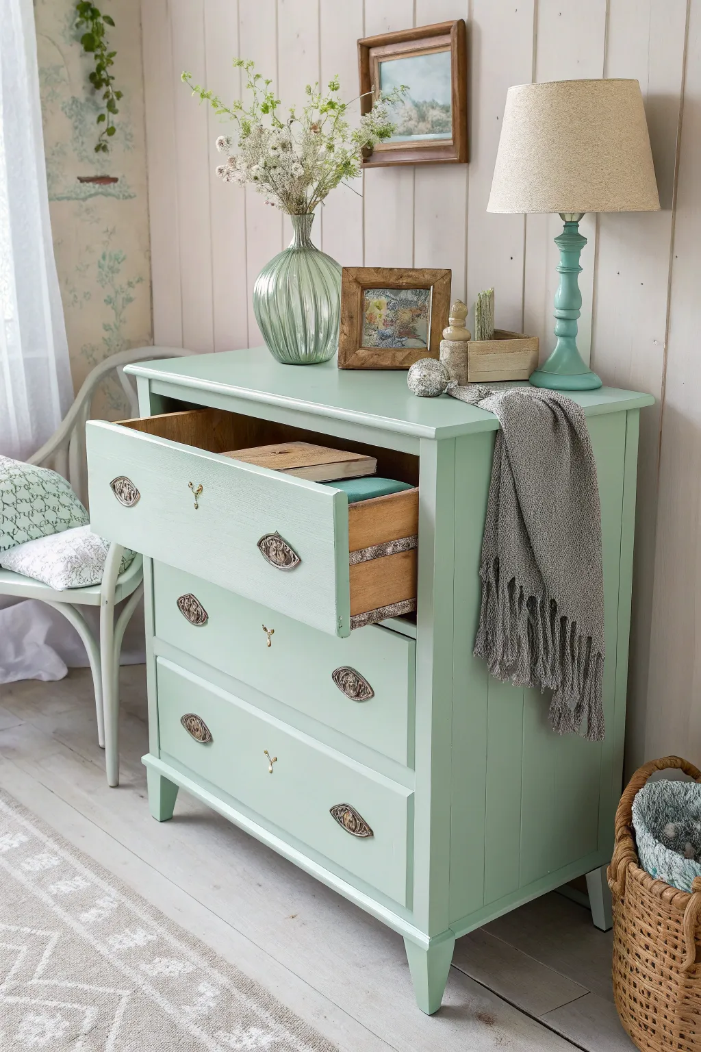 Add a touch of vintage charm to your space with this serene mint green dresser, perfect for a cozy reading nook.