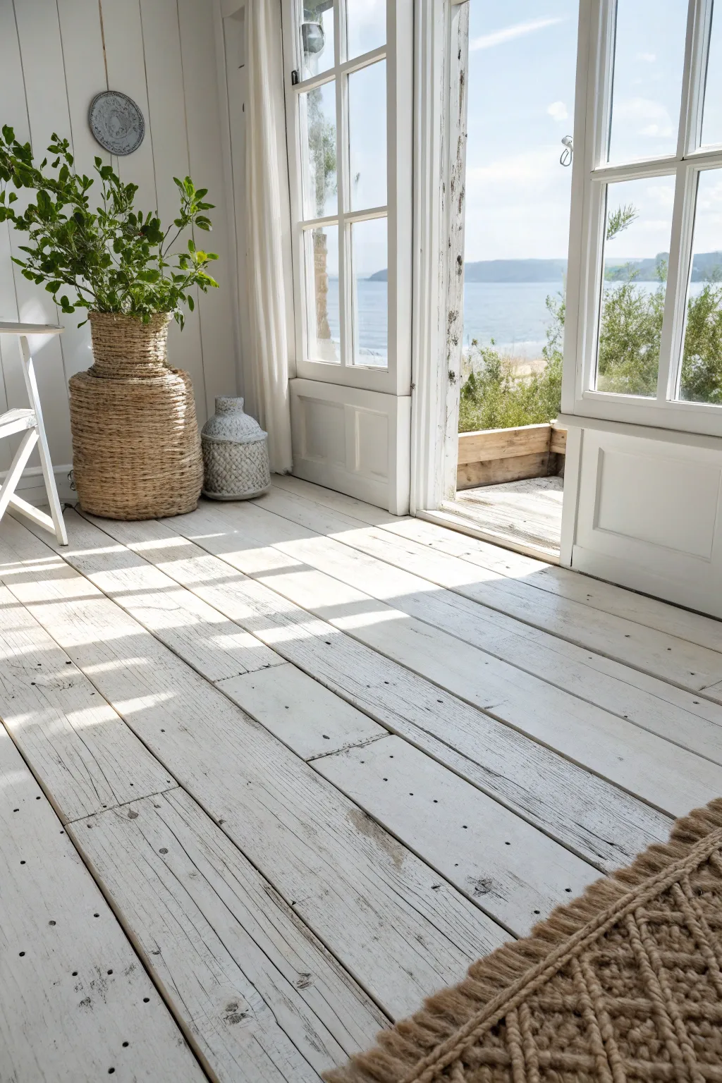 Embrace coastal serenity with a rustic whitewashed floor—where simplicity meets natural beauty.