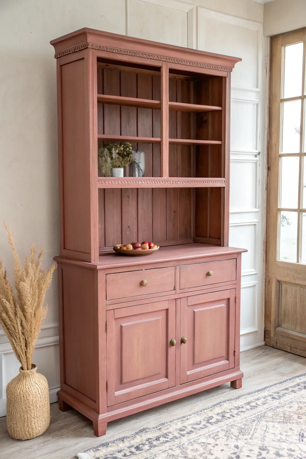 Discover the warmth of a custom dusty rose hutch, blending simplicity with artisanal beauty.