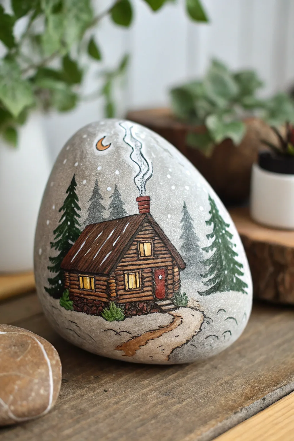 Discover the charm of tiny log cabins painted on rocks, perfect for adding a cozy touch to your decor.