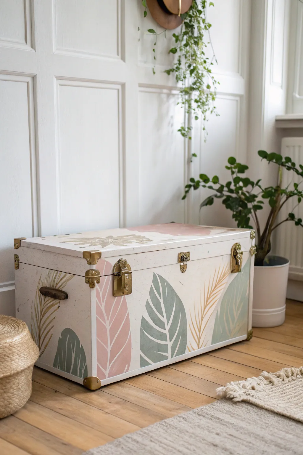 Transform your space with a unique artistic touch: freehand painted trunk for a minimalist-boho vibe.