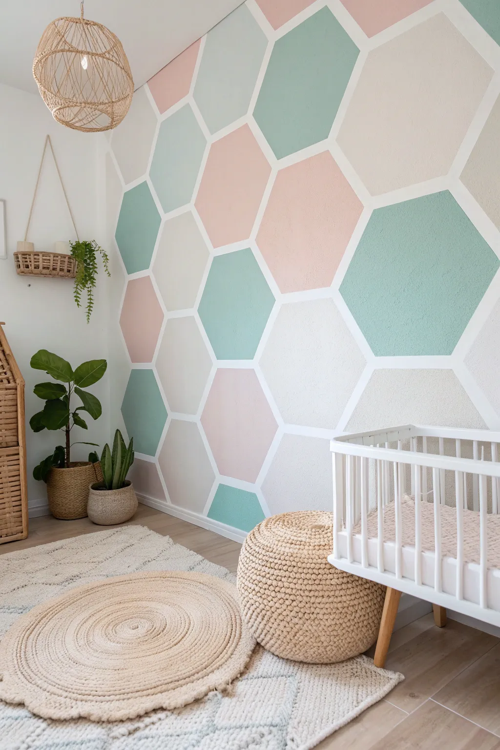 Transform your nursery with soft pastel hexagons for a modern touch of simplicity and charm.