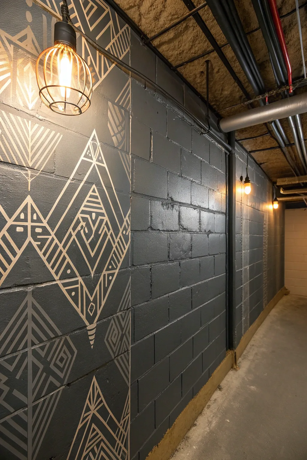 Transform your basement into an industrial masterpiece with bold concrete artistry.