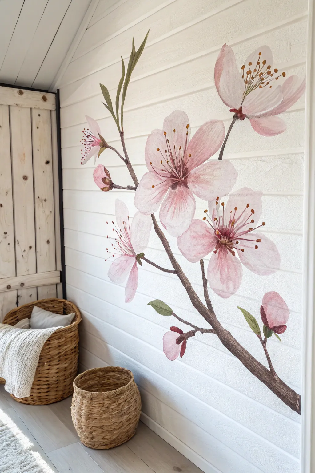Embrace the beauty of spring with a hand-painted cherry blossom accent wall. 🌸 #ScandinavianStyle #MinimalistDecor