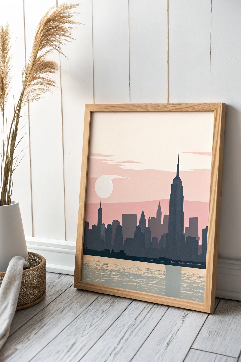 Embrace urban elegance with this stunning city skyline painting, where minimalist design meets the beauty of a boho sunset.