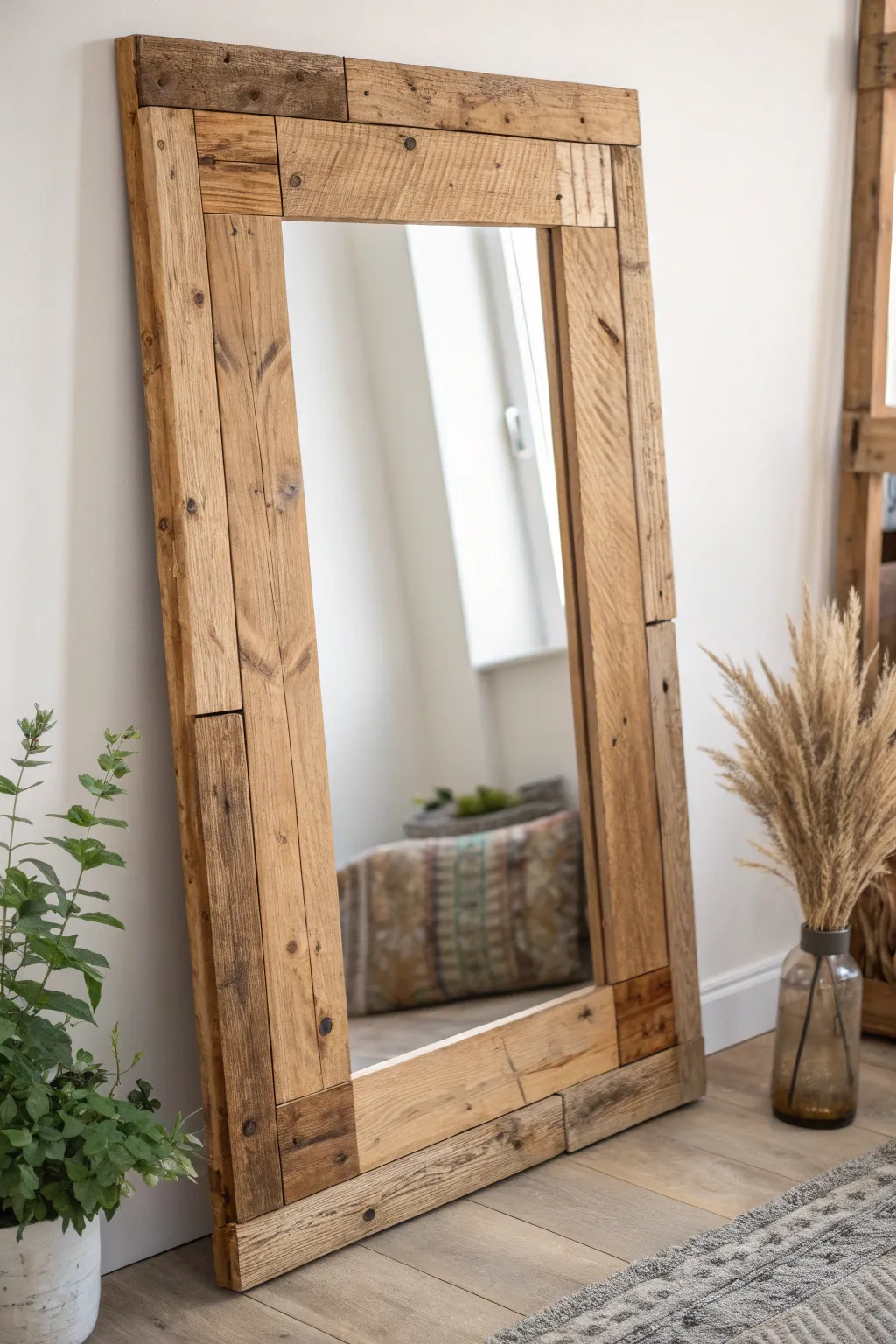 Elevate your space with the rustic charm of a pallet mirror frame, blending Scandinavian simplicity with boho warmth.